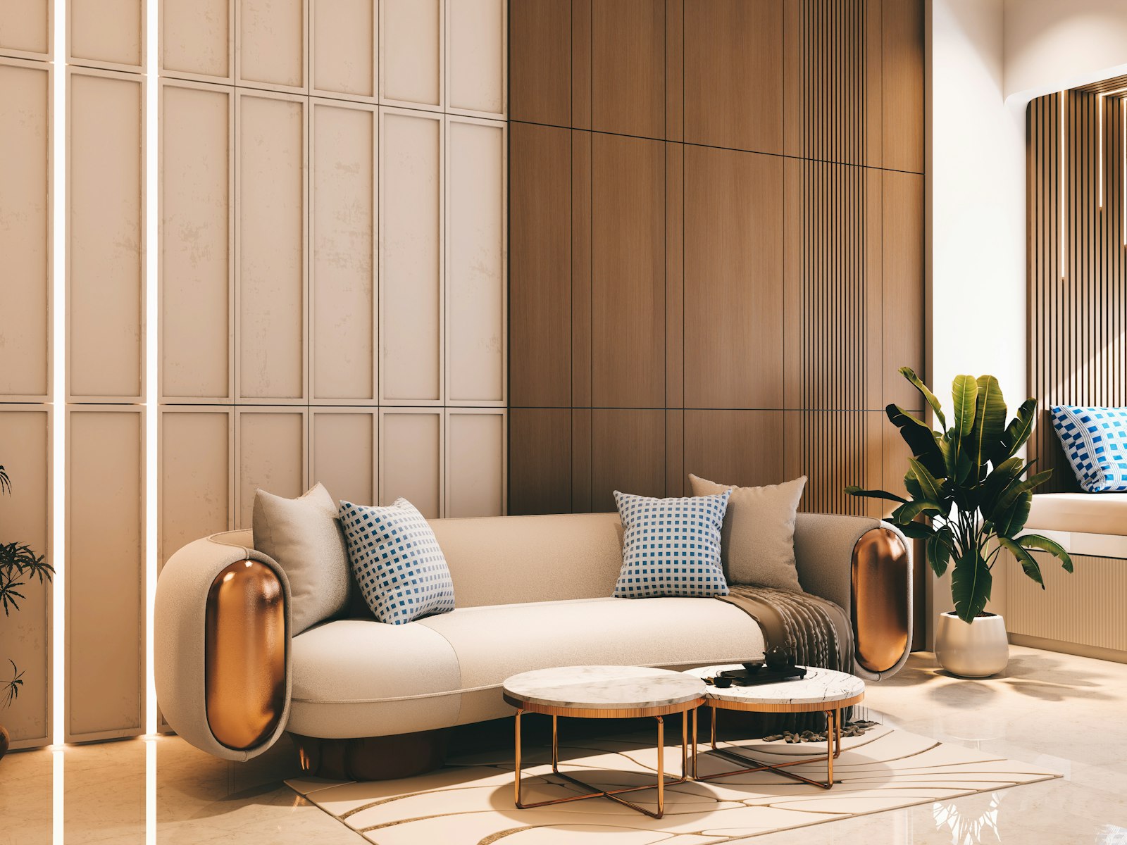 Curated lighting sample kit laid out on a travertine table in a Singapore condo at dusk