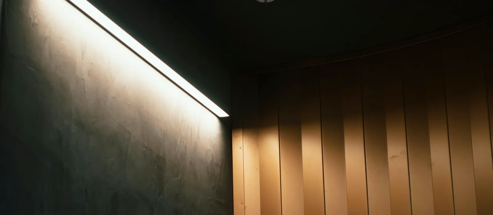 Concealed linear light washing a warm architectural surface